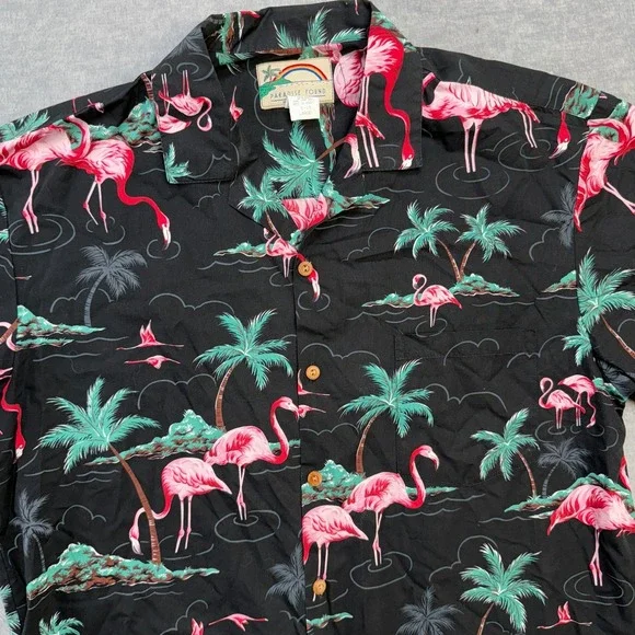 VTG Paradise Found Hawaiian Shirt Mens Large Black Flamingos Palm Trees Camp - Picture 3 of 7